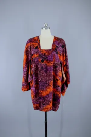 1980s Vintage Kimono Jacket Coat Michiyuki / Orange & Purple Watercolor