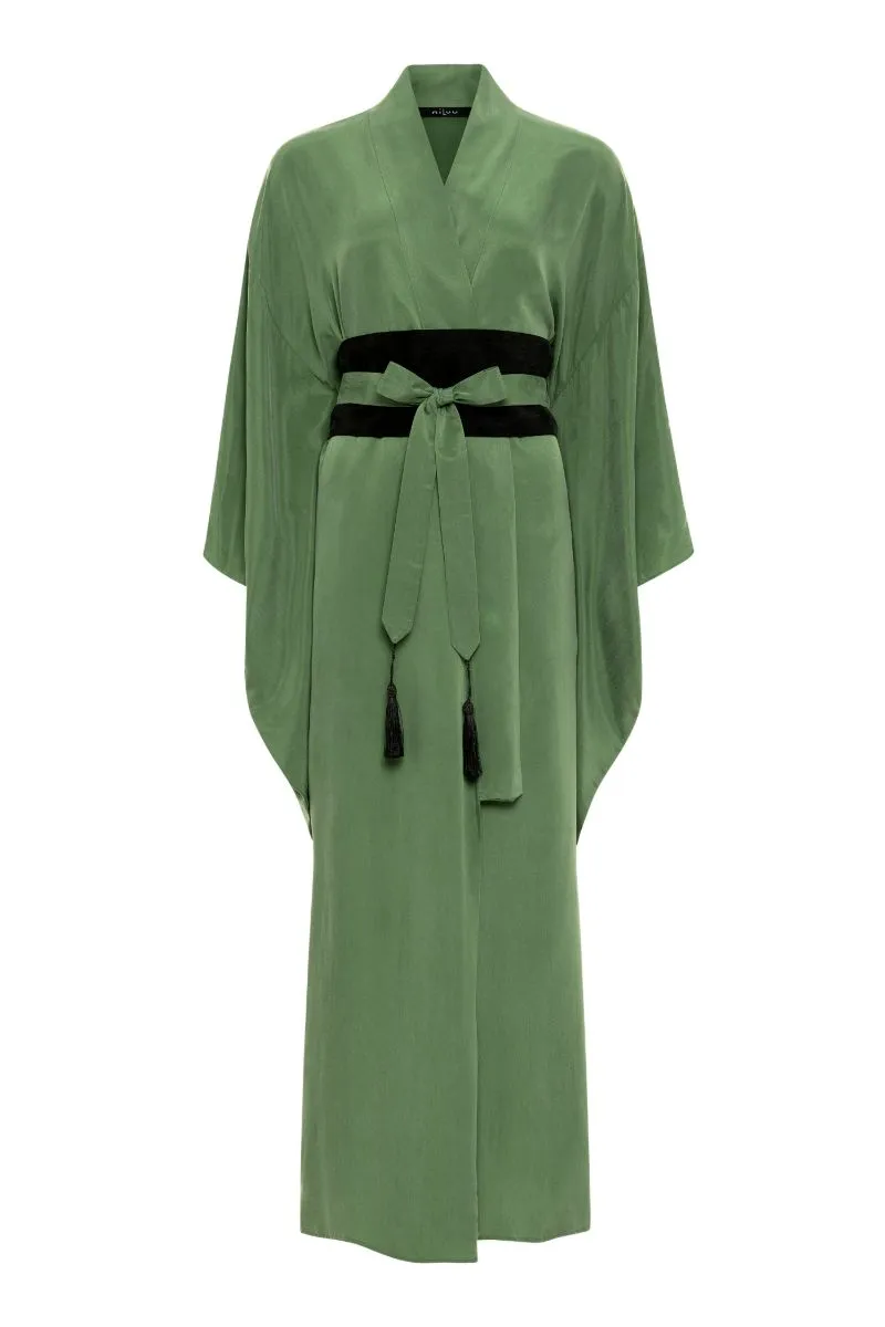 AQUAFLORA ANYA ORIENTAL KIMONO ROBE IN MOSS