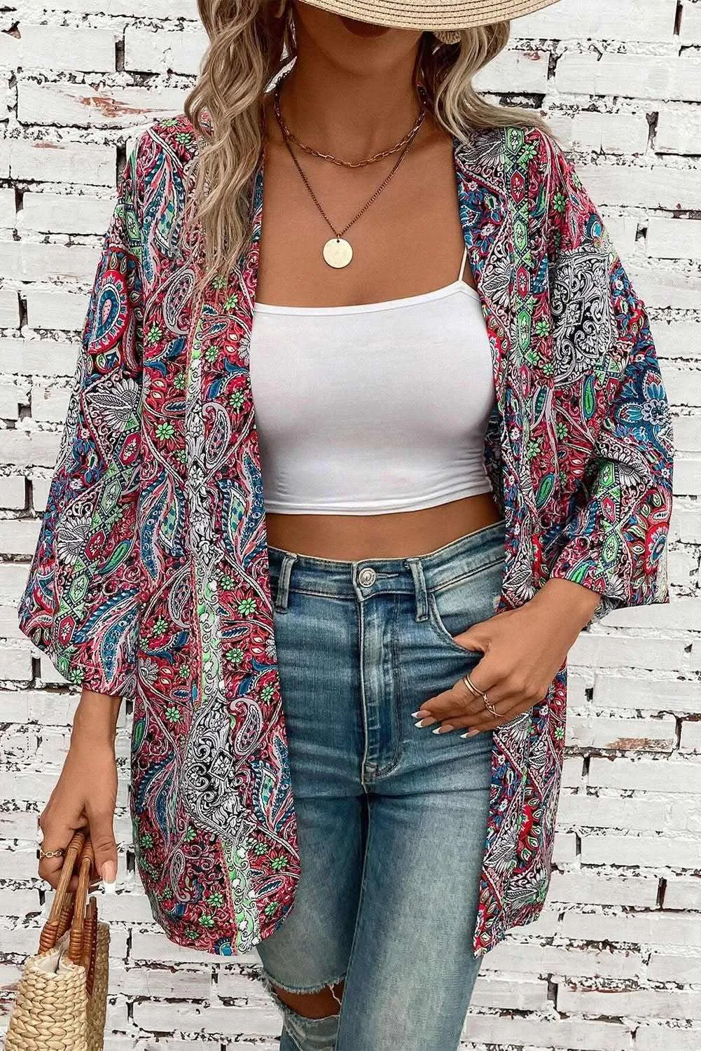 Chic red paisley kimono  stylish layering