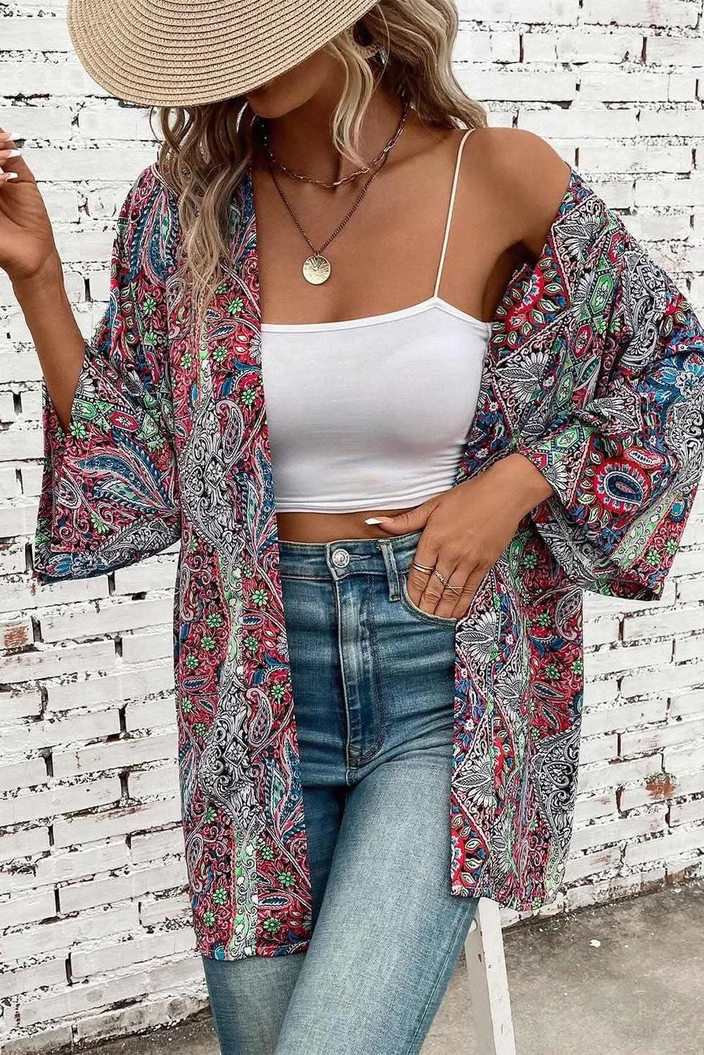 Chic red paisley kimono  stylish layering