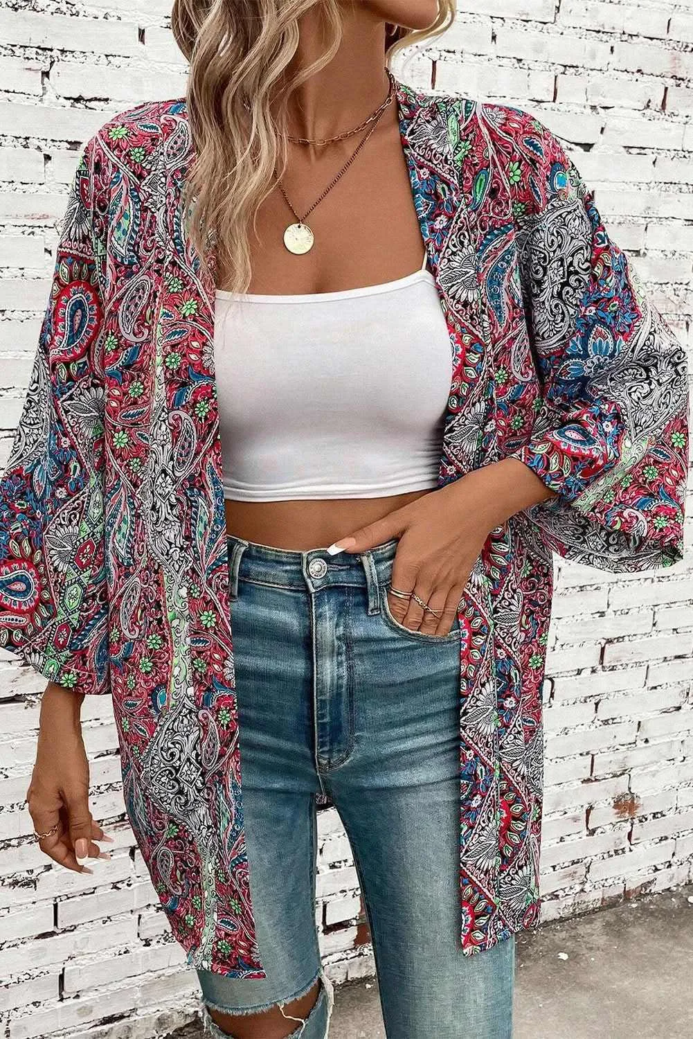 Chic red paisley kimono  stylish layering
