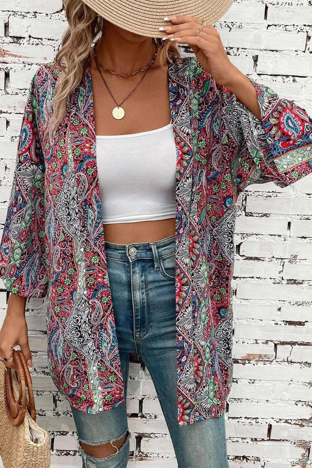 Chic red paisley kimono  stylish layering