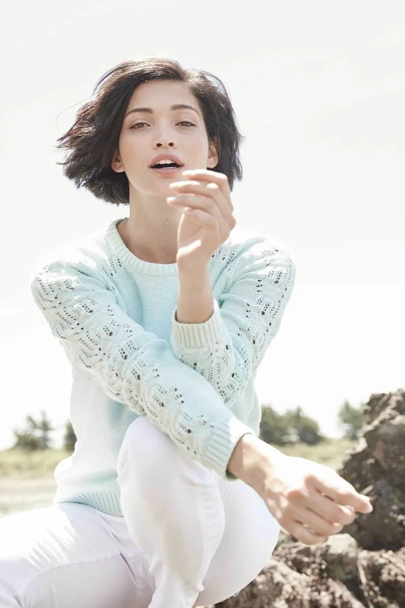 Crochet Sleeve Sweater in Pale Aqua