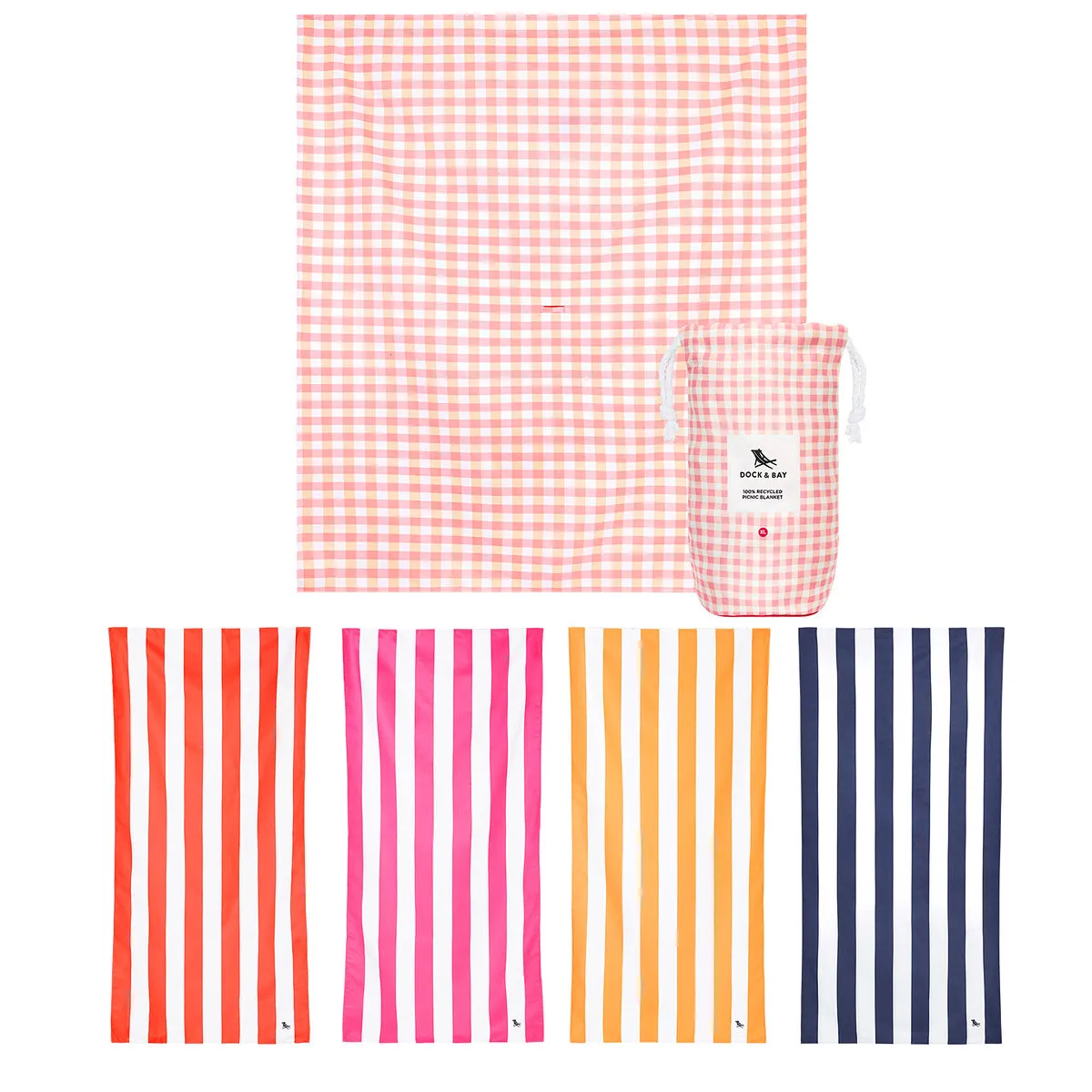 Dock & Bay Picnic Bundle - Pink Gingham Blanket 4 Cabana Towels - Set B